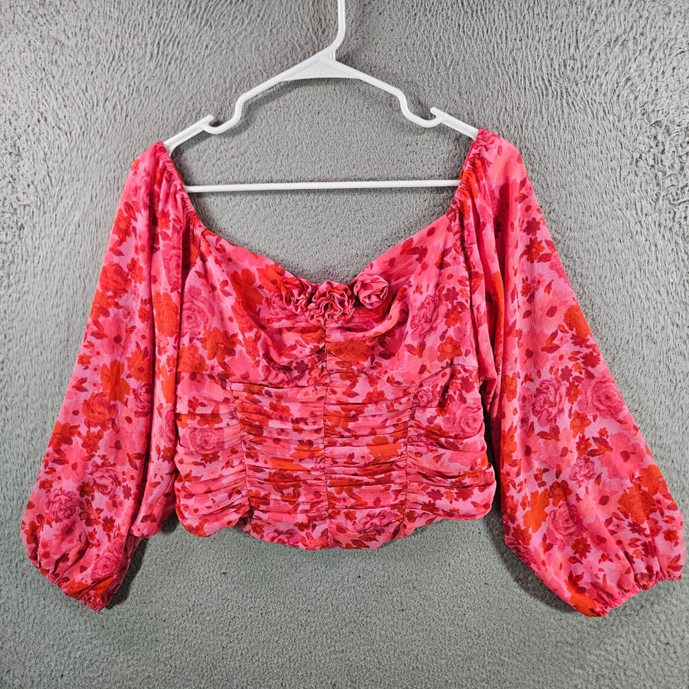 Free People Pink Floral Rosette Ruched Crop Top Long Balloon Sleeve Womens L
